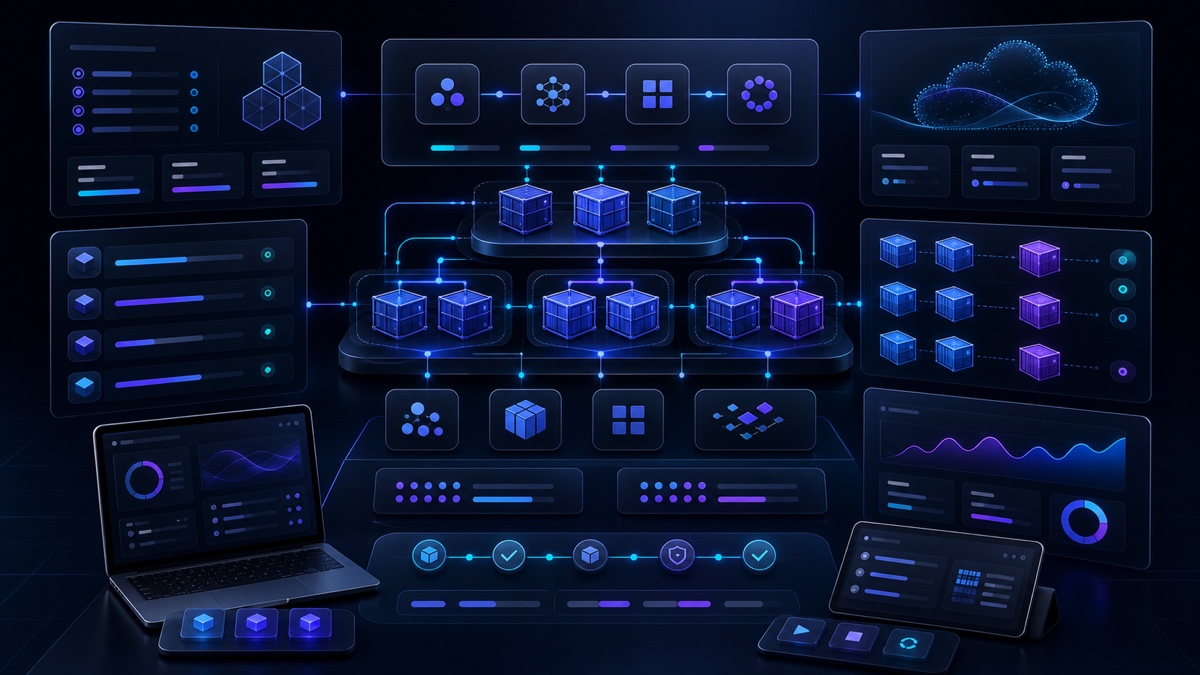 DockerとKubernetesのクラウドネイティブ研修を表す洗練された近未来的なビジュアル
