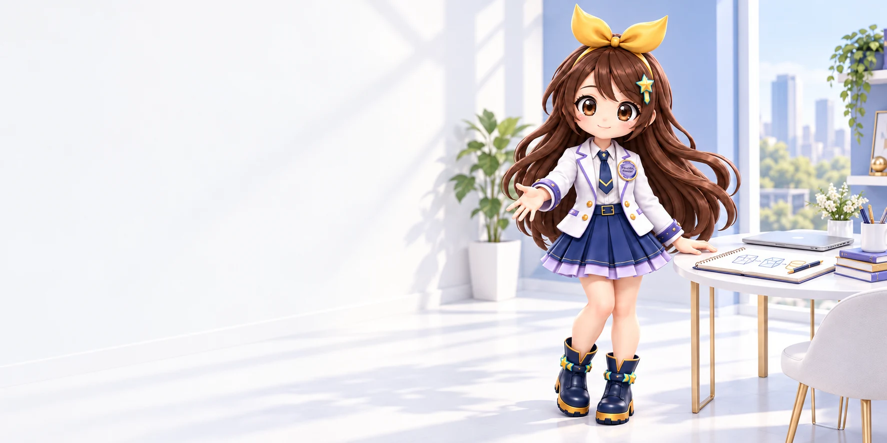 黄色いリボンと星の髪飾りをつけ、ノートを広げた作業机のそばで迎えるウェルナ